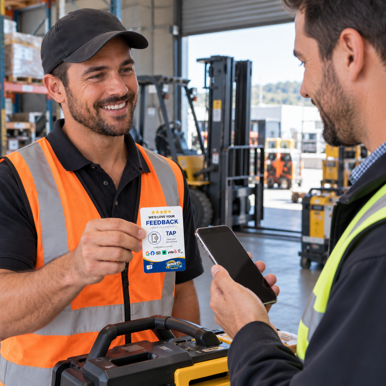 Warehouse team member offering a Boost My Reviews NFC card during an equipment handover.