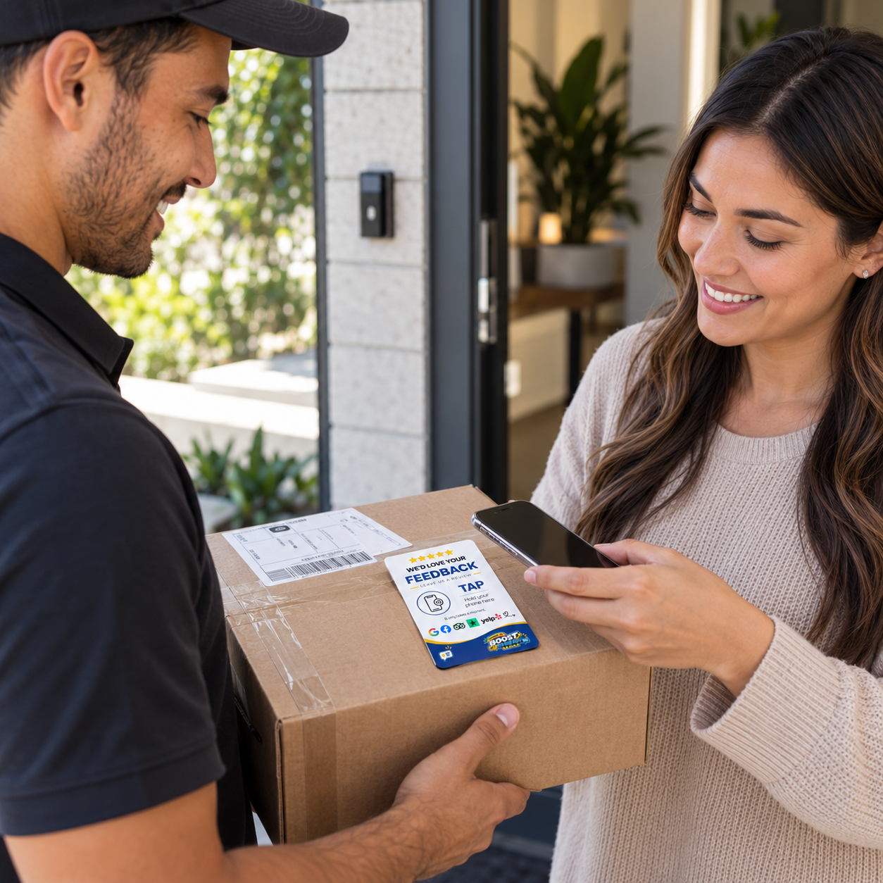 Delivery professional offering a Boost My Reviews NFC card to a customer at their home.