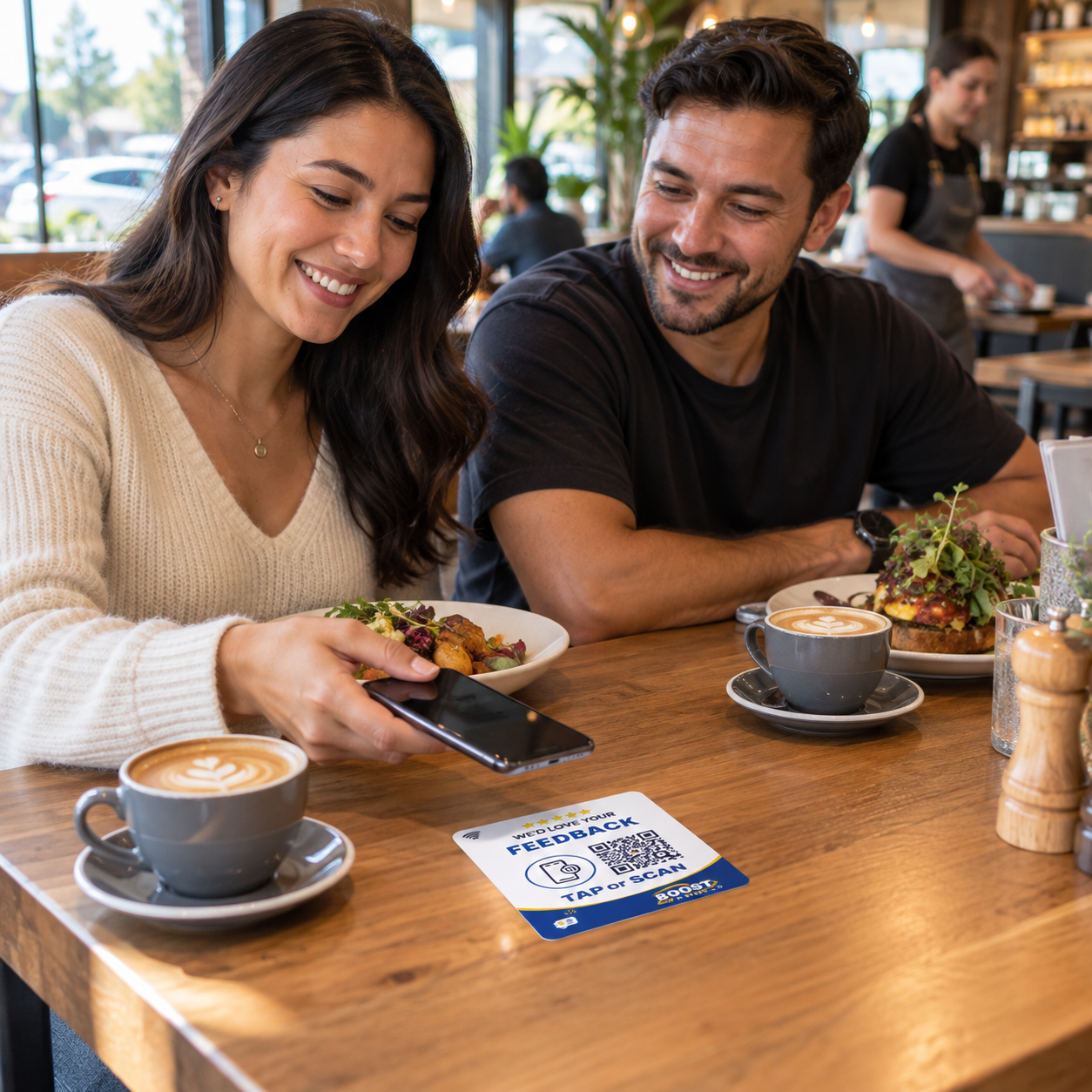 Customers using a smartphone beside a Boost My Reviews table sticker after a café meal.