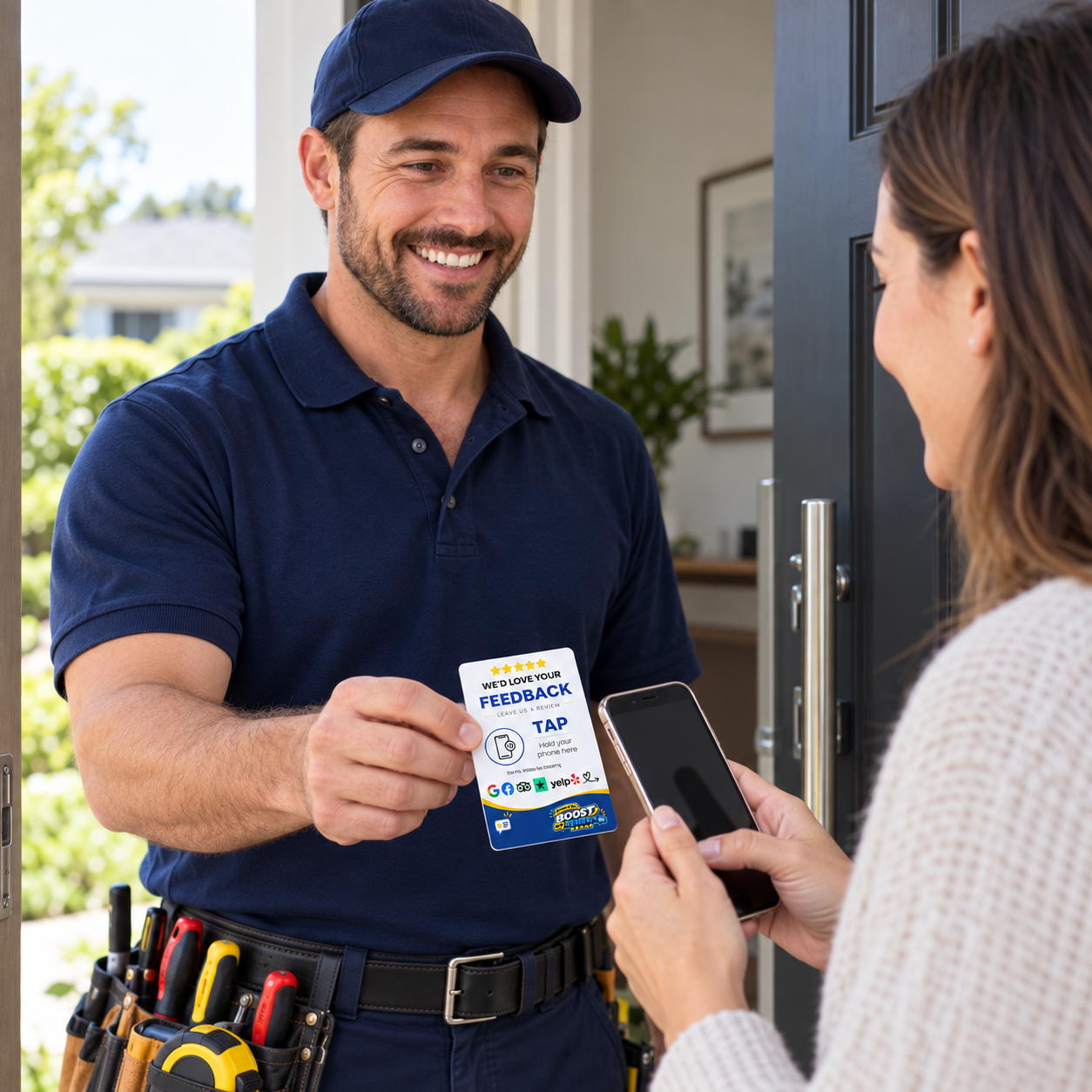 Electrician showing a Boost My Reviews NFC card to a customer after completing a residential job.
